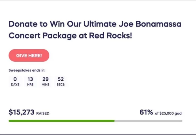 LAST CHANCE!! Enter now for a chance to see Joe at Red Rocks!

We are less than 40% away from reaching our goal! Please considering donating for a chance to win two premium tickets, a two-night premium hotel stay, a private two-hour catered dinner reception with open bar prior to the show, transportation to and from the venue, and much more! Today is the last day to enter!!

Enter now with the link in our bio.